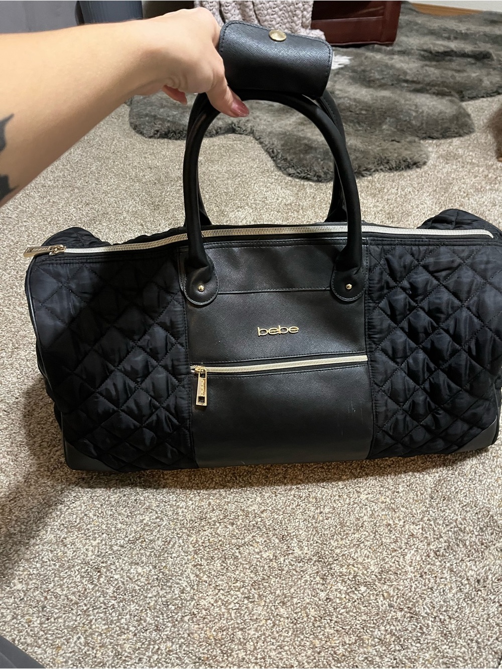 bebe Black Quilted Travel Duffle with Gold Hardware